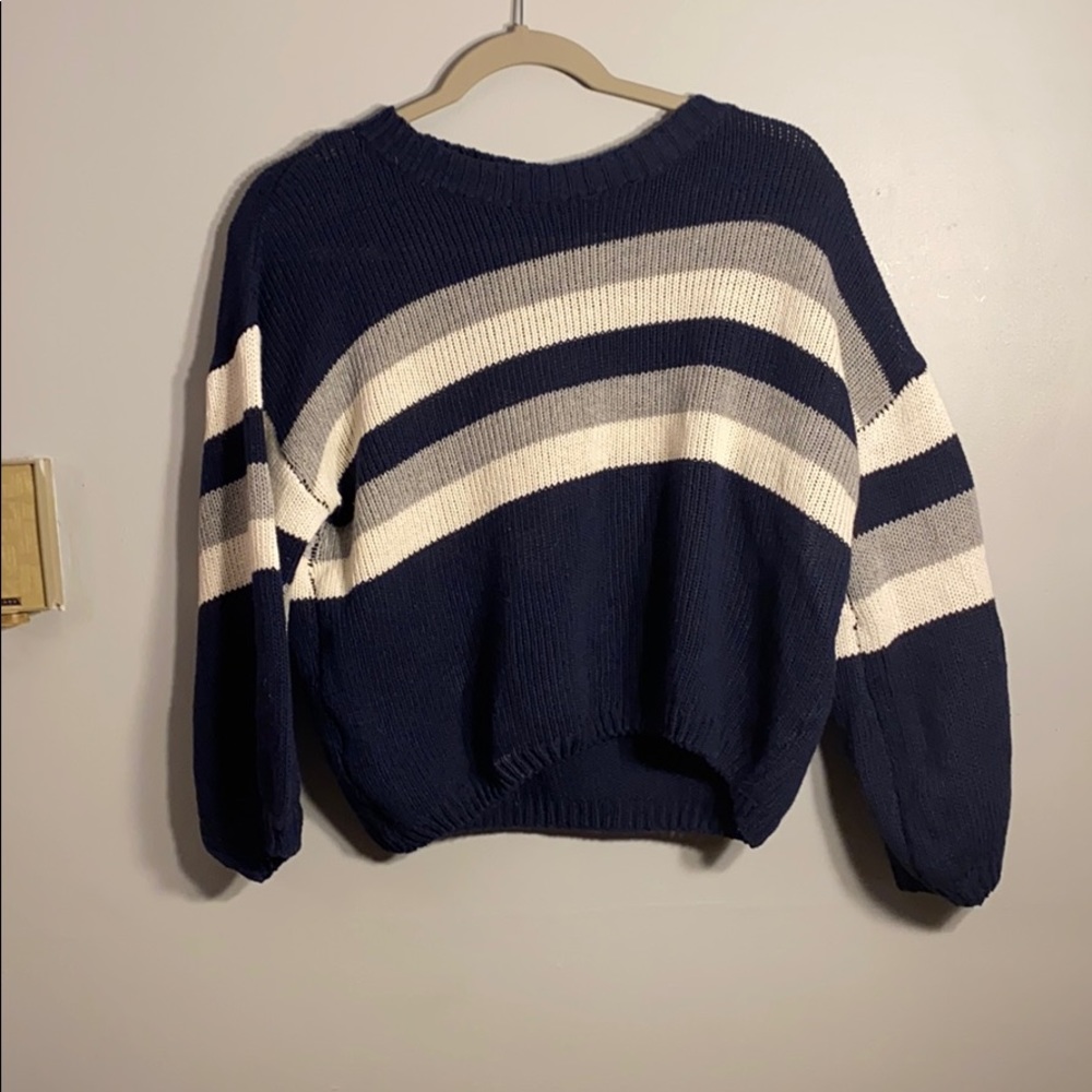 Blue, white, gray striped sweater